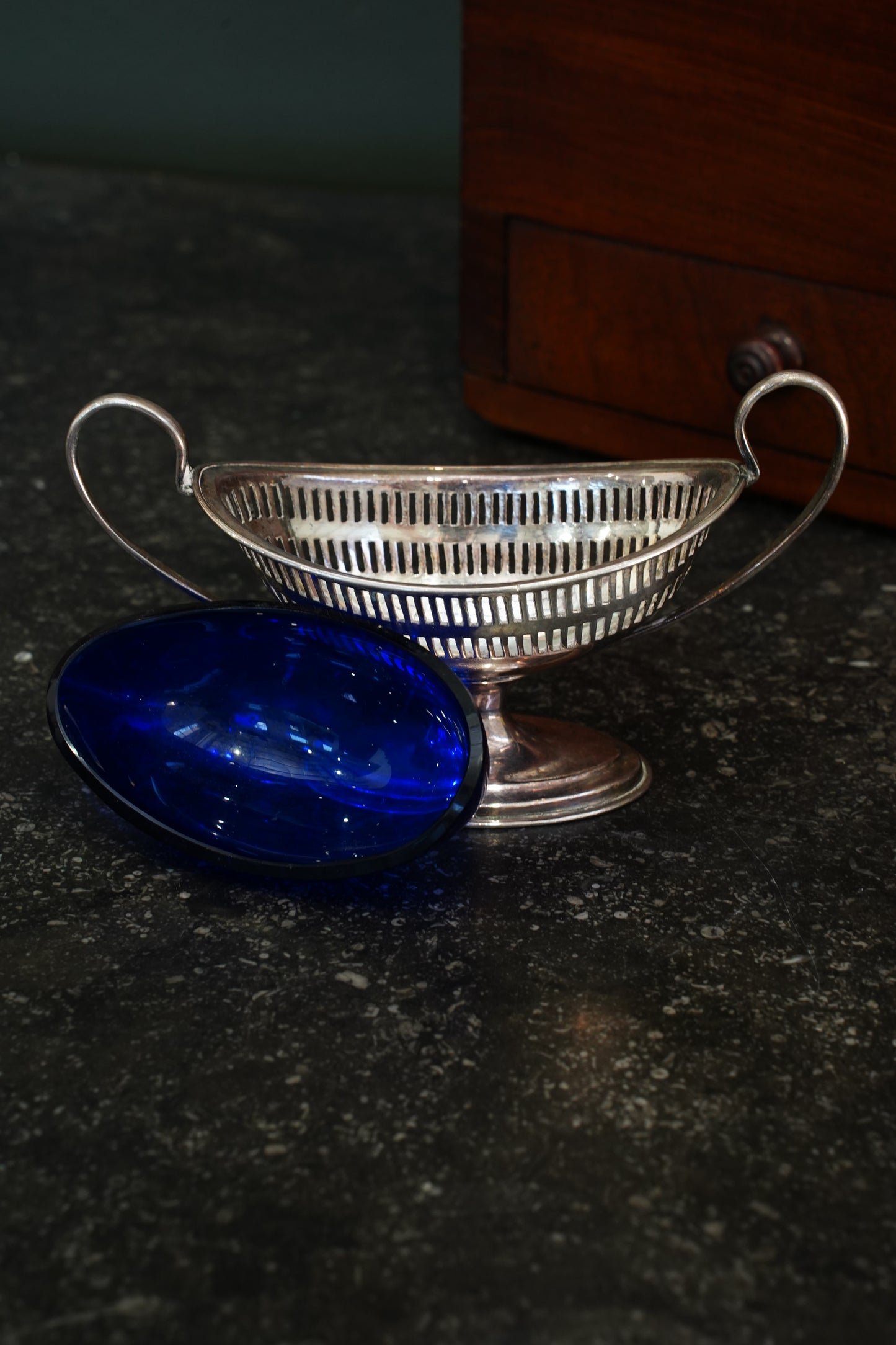 Antique Silverplate Salt Cellar with Cobalt Blue Glass Liner, Ca. 1880