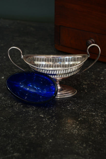 Antique Silverplate Salt Cellar with Cobalt Blue Glass Liner, Ca. 1880