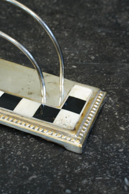 Art Deco Silverplated Letter Rack with Checkerboard Enamel, Circa 1930