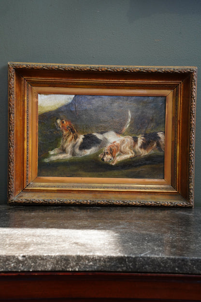 *RESERVED* Antique Victorian Oil Painting, Two Rough-Coated Hounds Scenting