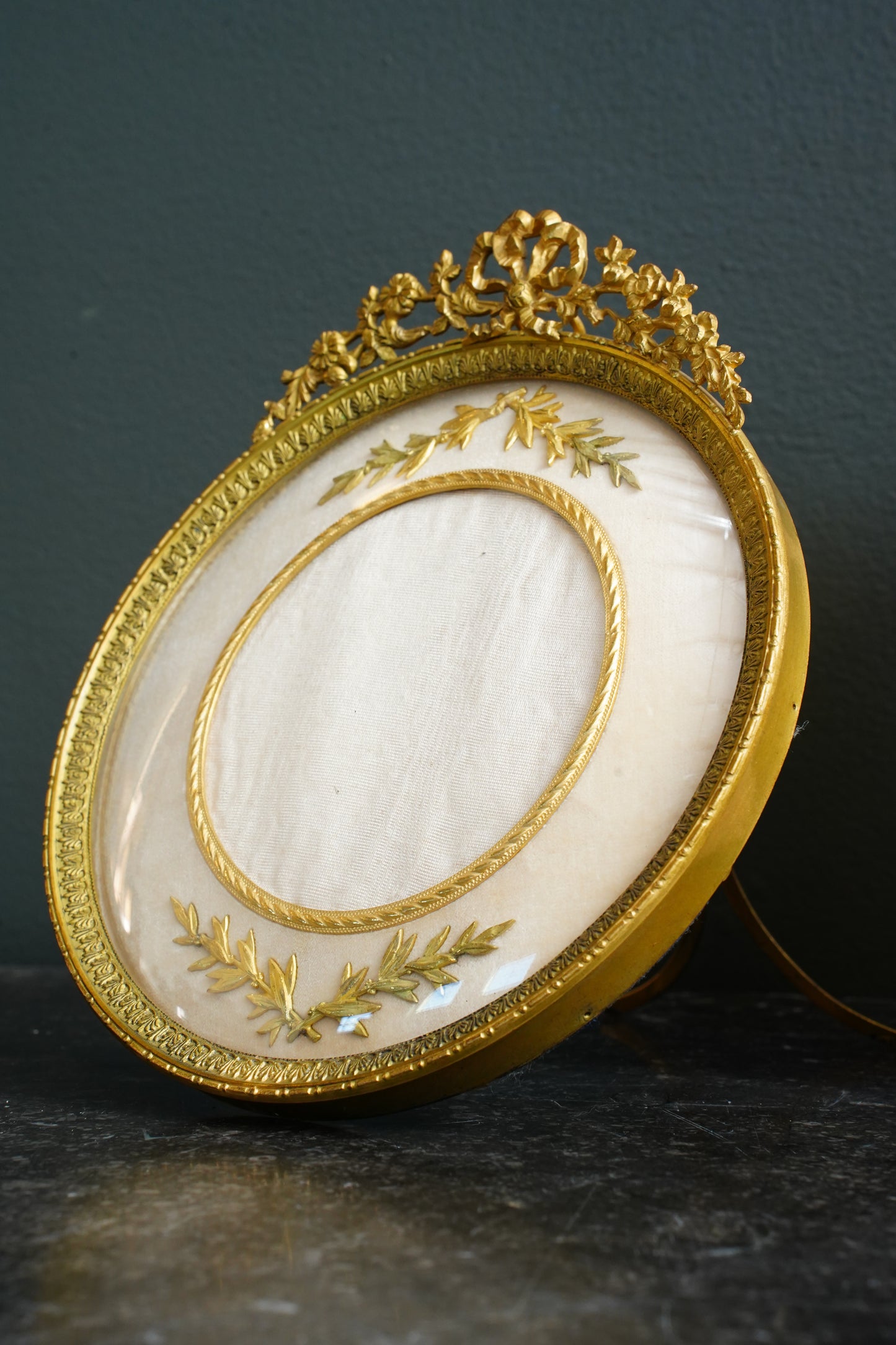 Antique French Gilt Bronze Circular Picture Frame, Convex Glass