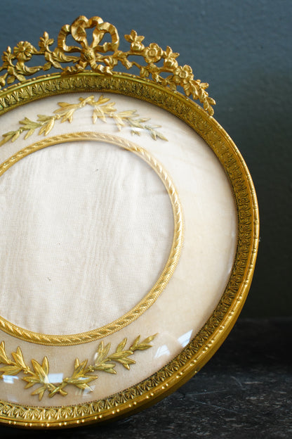 Antique French Gilt Bronze Circular Picture Frame, Convex Glass