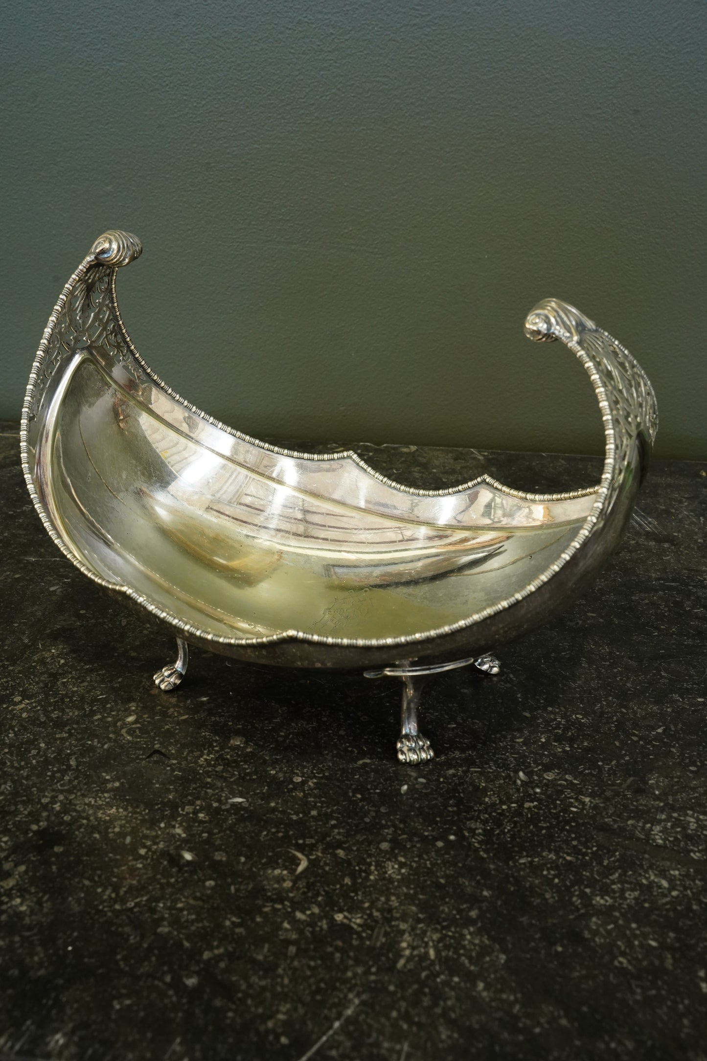 English Silver plate Navette Fruit Bowl, Masonic Presentation 1927