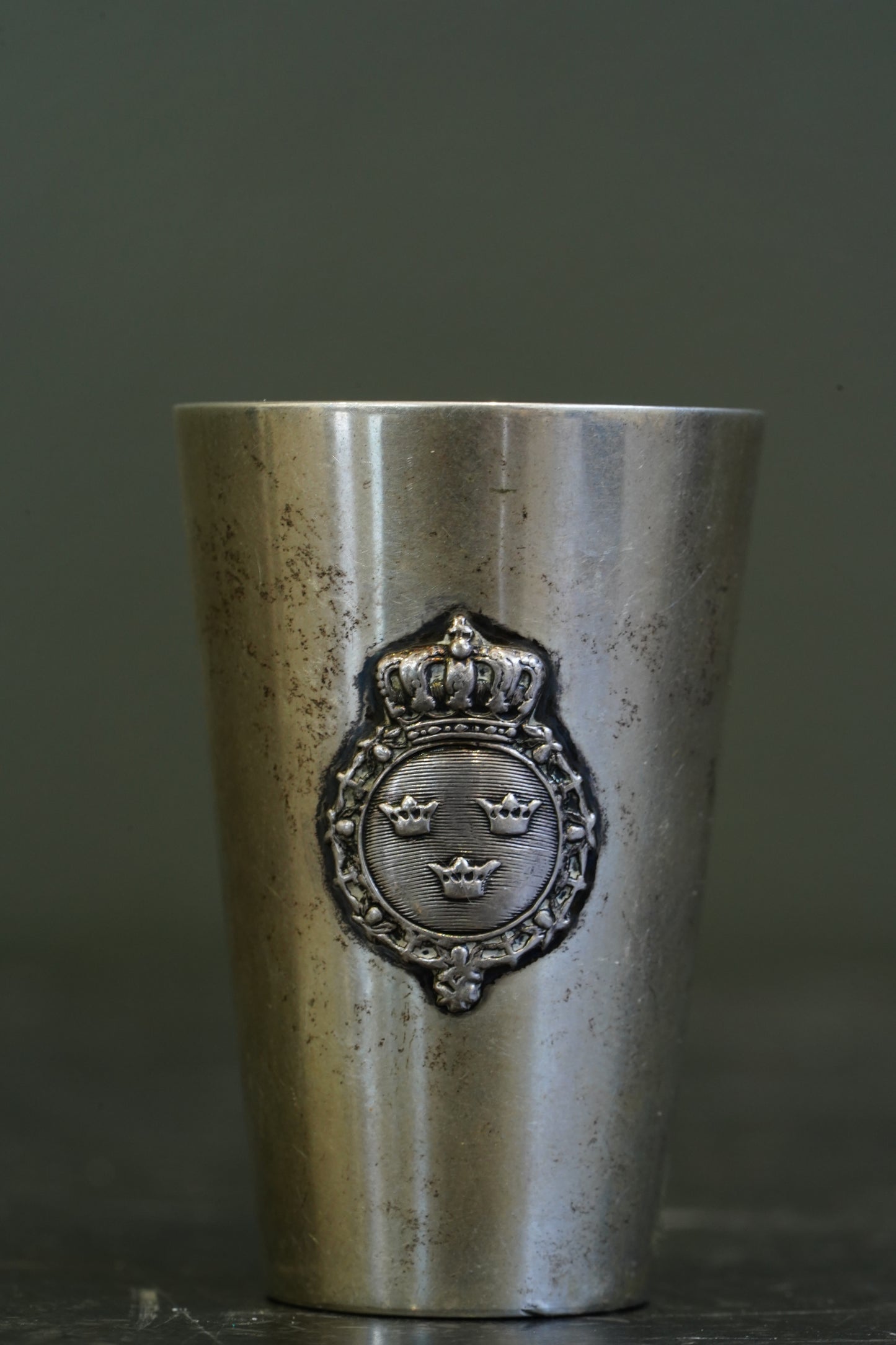 Antique Swedish Miniature Silver Plate Schnapps Cup, Tre Kronor Crest