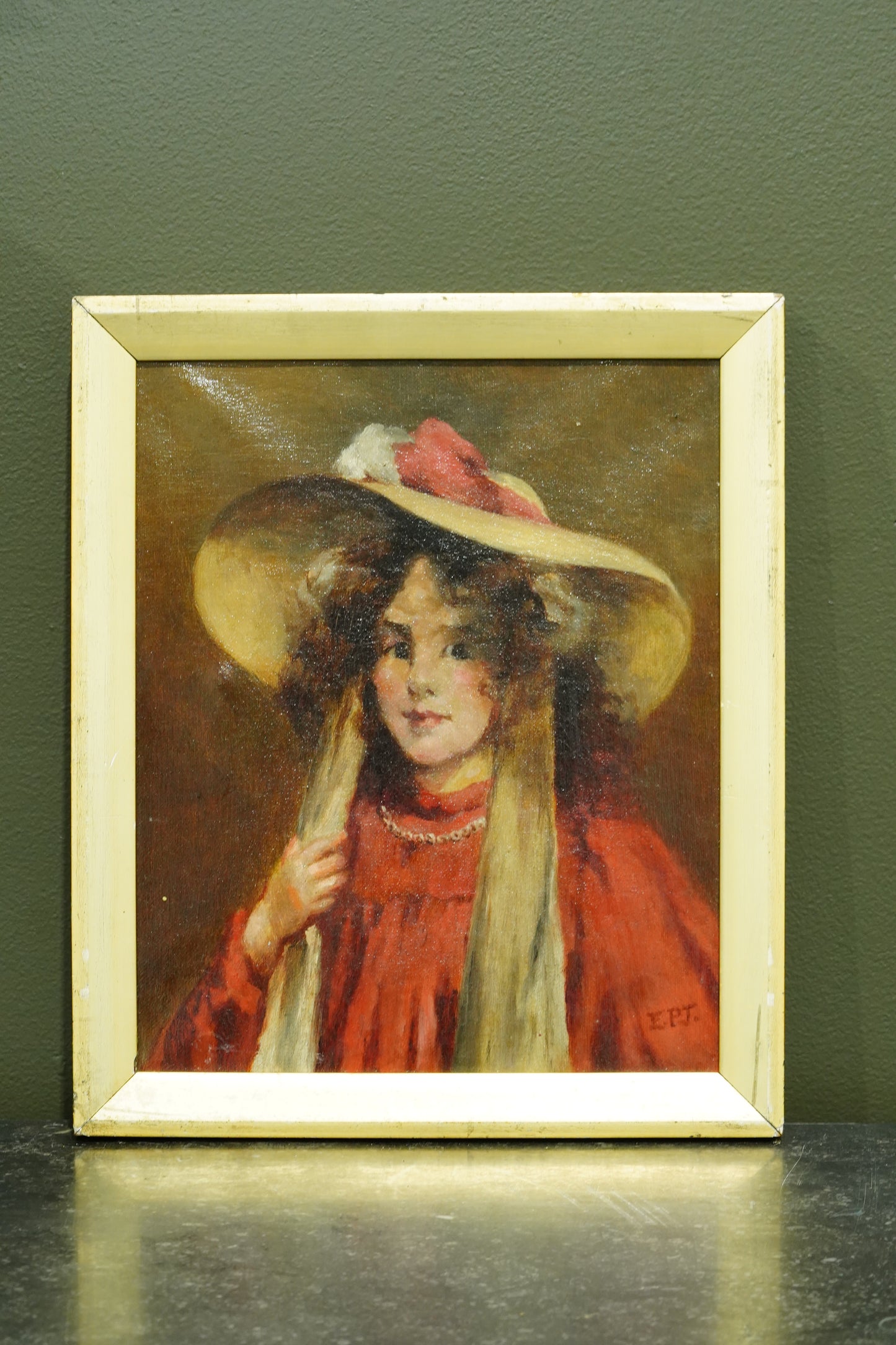 Antique English Portrait Oil Painting, Girl in Straw Hat, Monogrammed E.P.T.
