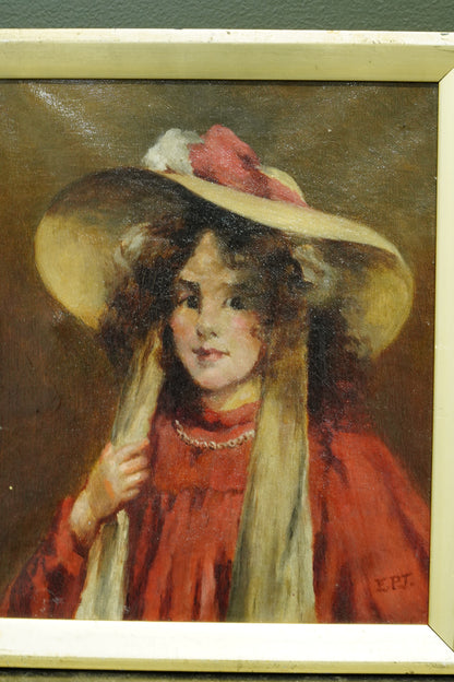Antique English Portrait Oil Painting, Girl in Straw Hat, Monogrammed E.P.T.