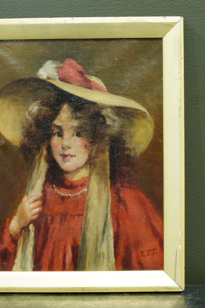 Antique English Portrait Oil Painting, Girl in Straw Hat, Monogrammed E.P.T.