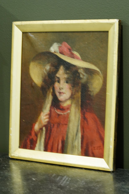 Antique English Portrait Oil Painting, Girl in Straw Hat, Monogrammed E.P.T.