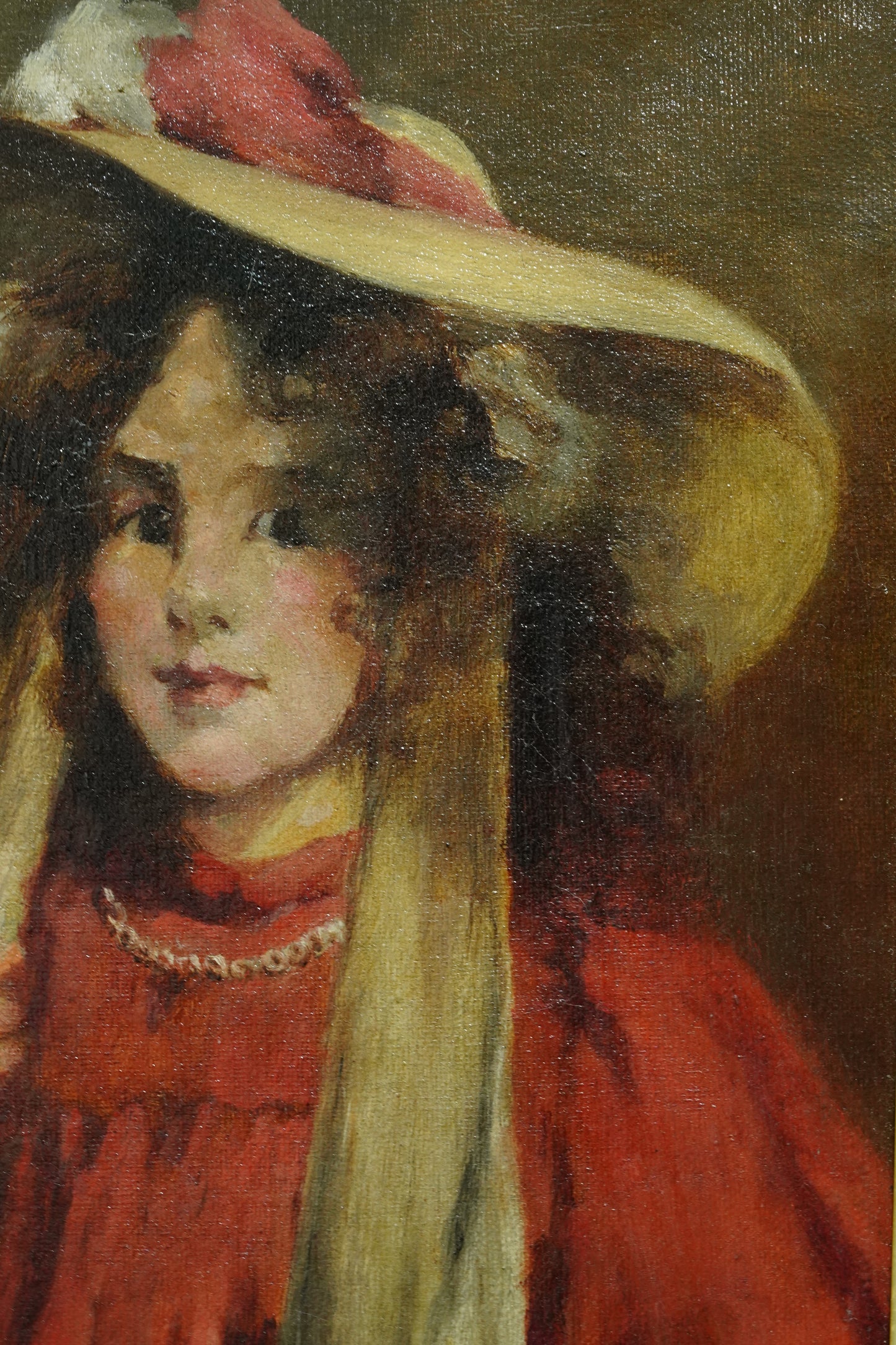 Antique English Portrait Oil Painting, Girl in Straw Hat, Monogrammed E.P.T.