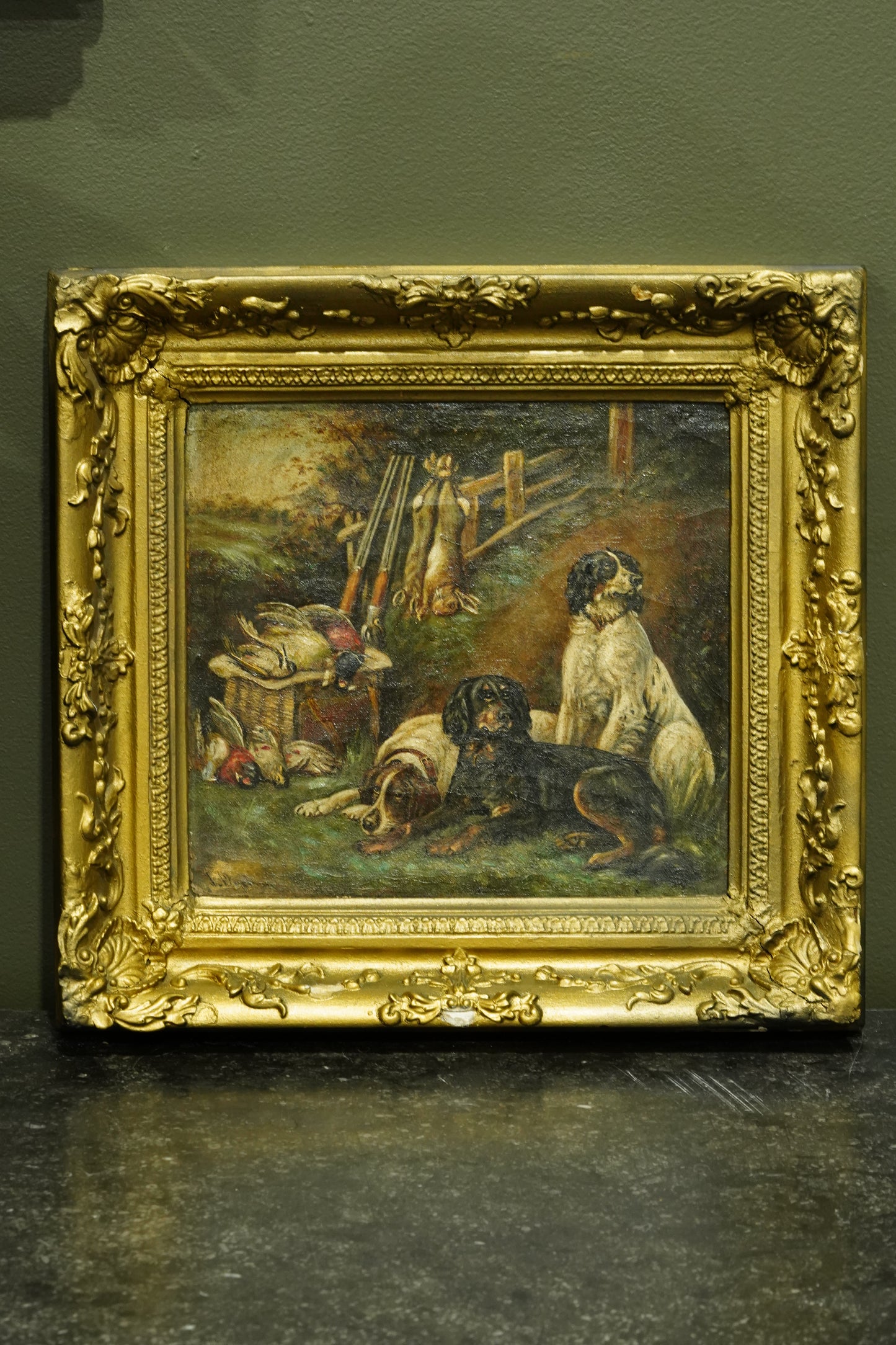 Antique Victorian Sporting Oil Painting, Gun Dogs with Game, Signed