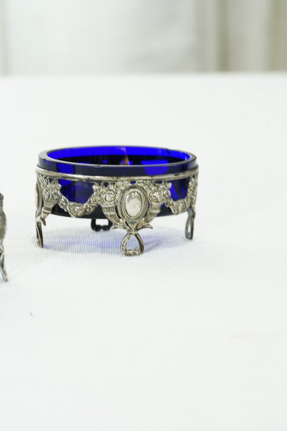 Antique German 800 Silver Salt Cellar Set with Cobalt Glass, Hanau