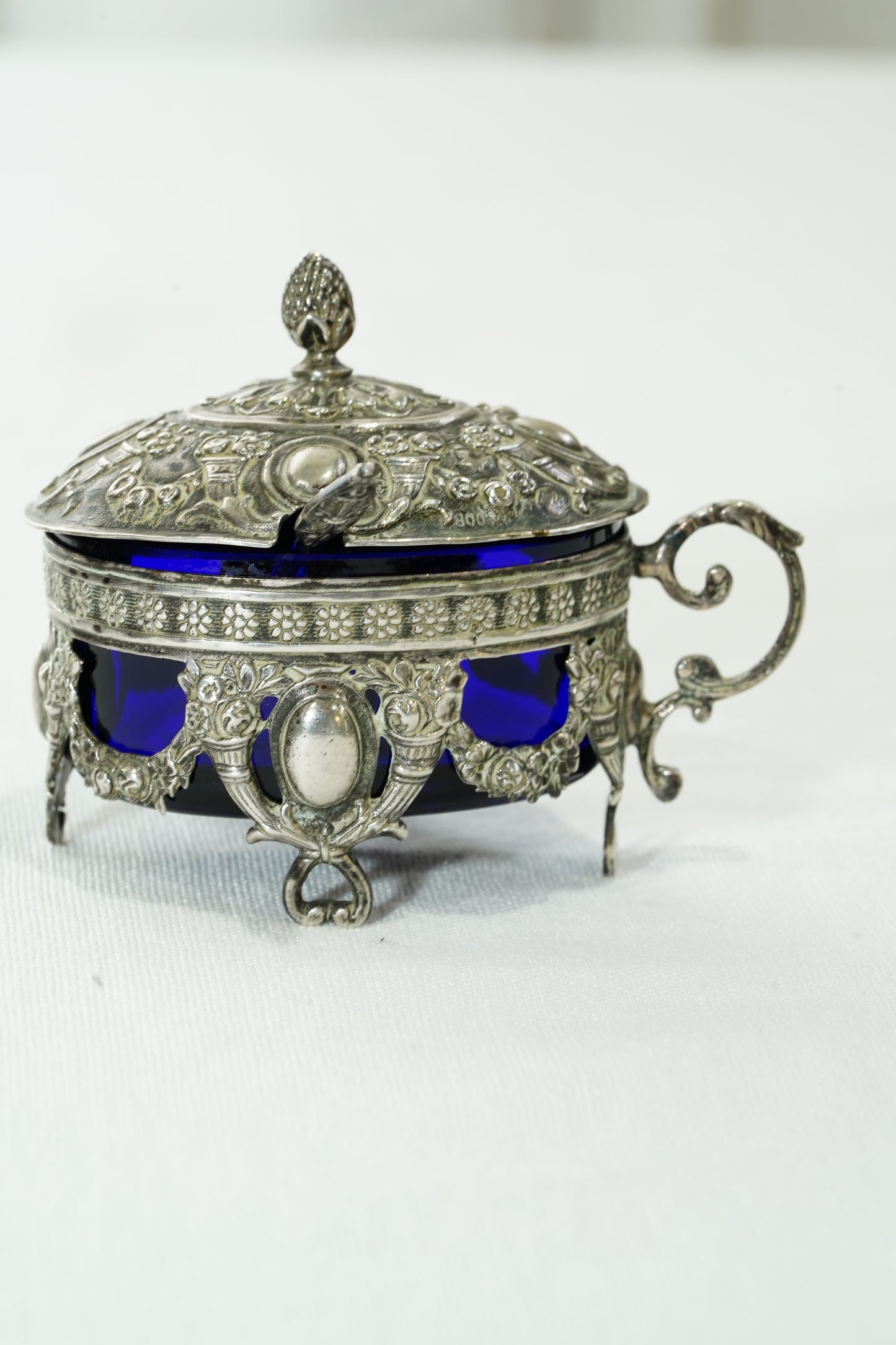 Antique German 800 Silver Salt Cellar Set with Cobalt Glass, Hanau