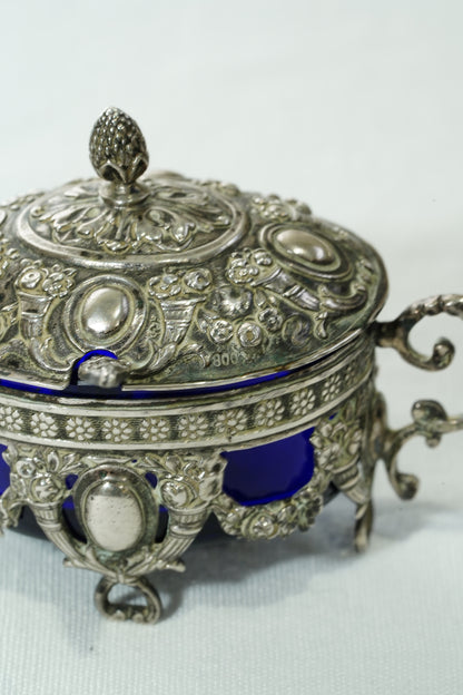 Antique German 800 Silver Salt Cellar Set with Cobalt Glass, Hanau