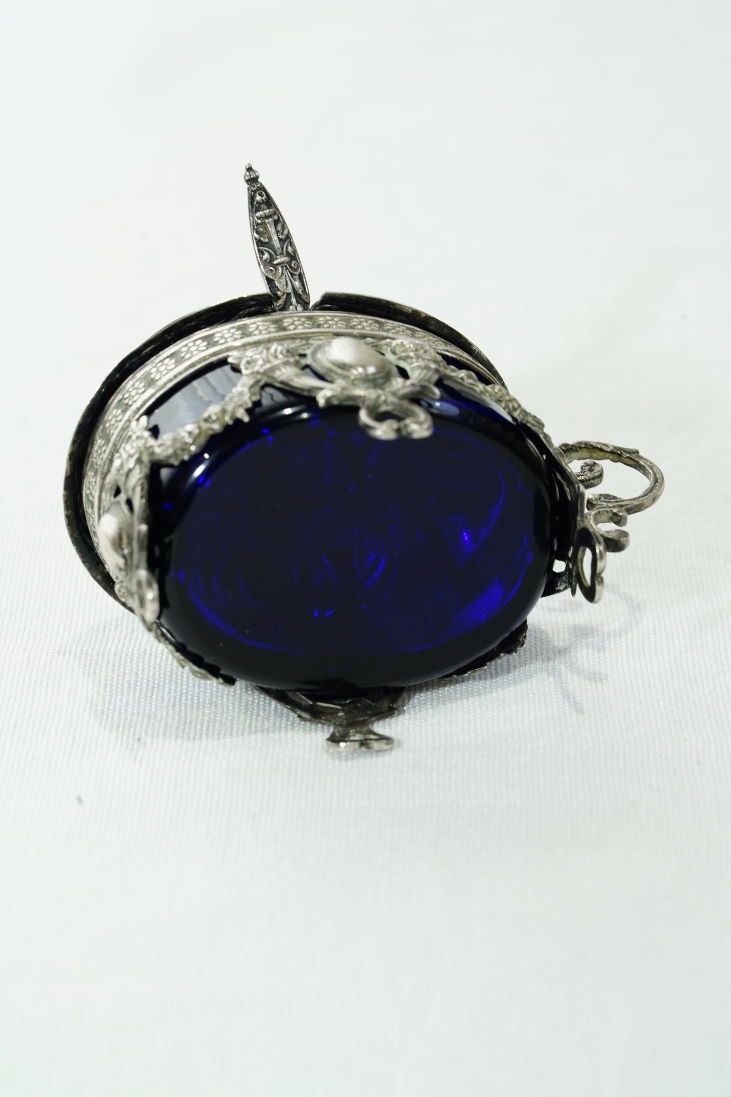 Antique German 800 Silver Salt Cellar Set with Cobalt Glass, Hanau