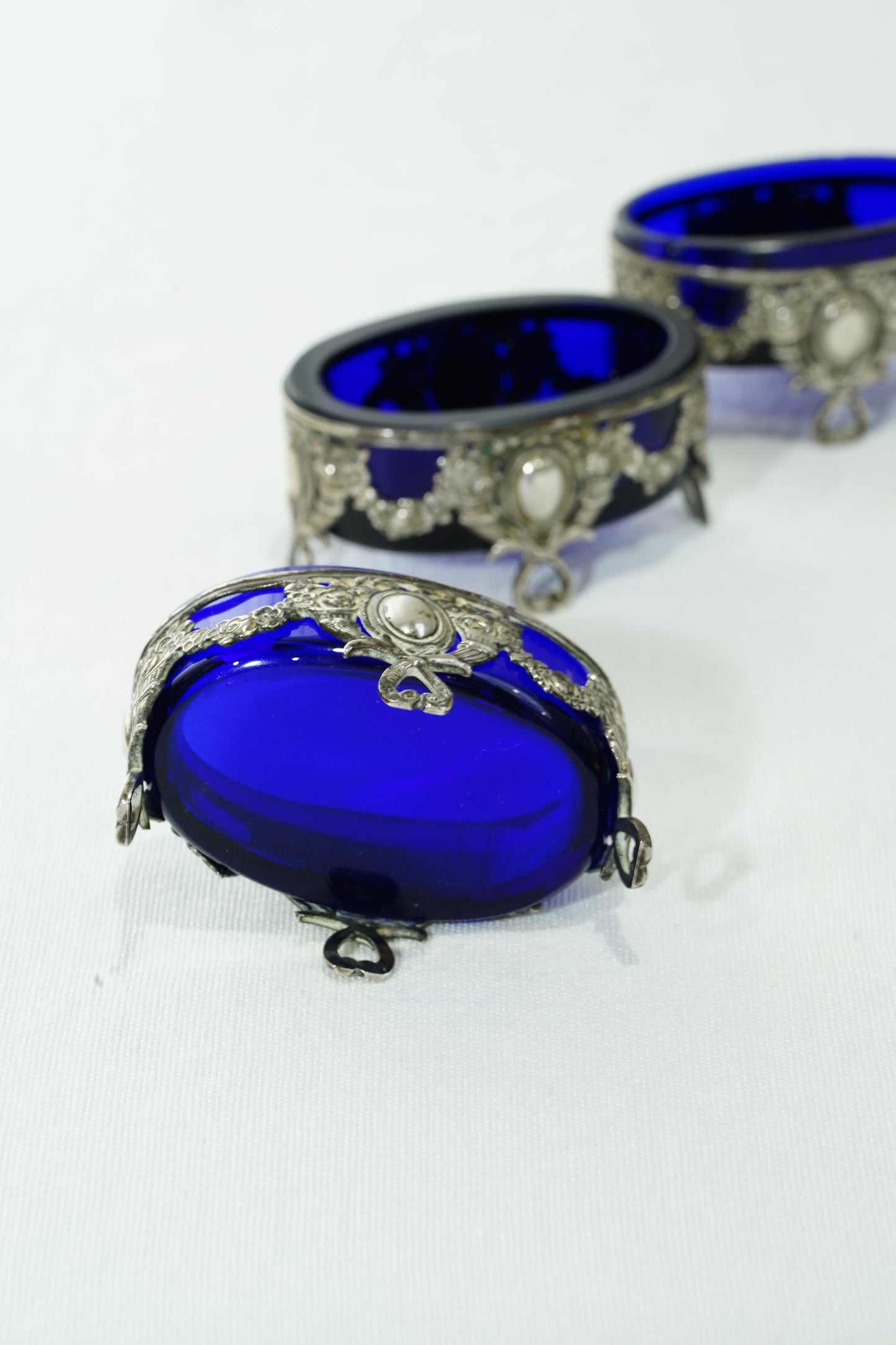 Antique German 800 Silver Salt Cellar Set with Cobalt Glass, Hanau
