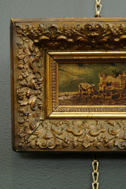 Antique Flemish Oil Panel, Coastal Ruin Landscape with Figures, Signed and Dated 1876