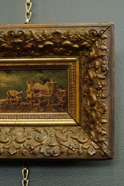 Antique Flemish Oil Panel, Coastal Ruin Landscape with Figures, Signed and Dated 1876