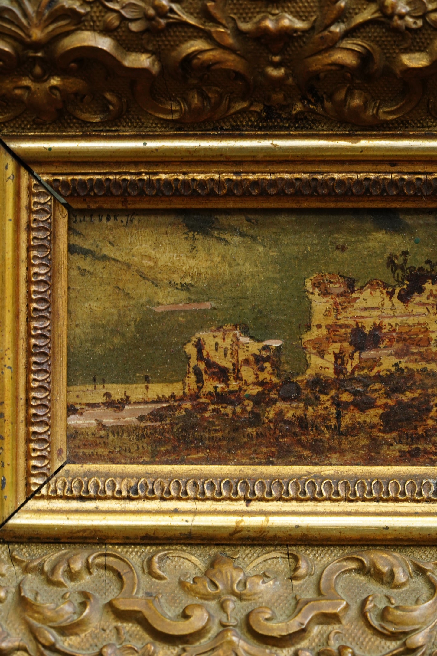 Antique Flemish Oil Panel, Coastal Ruin Landscape with Figures, Signed and Dated 1876