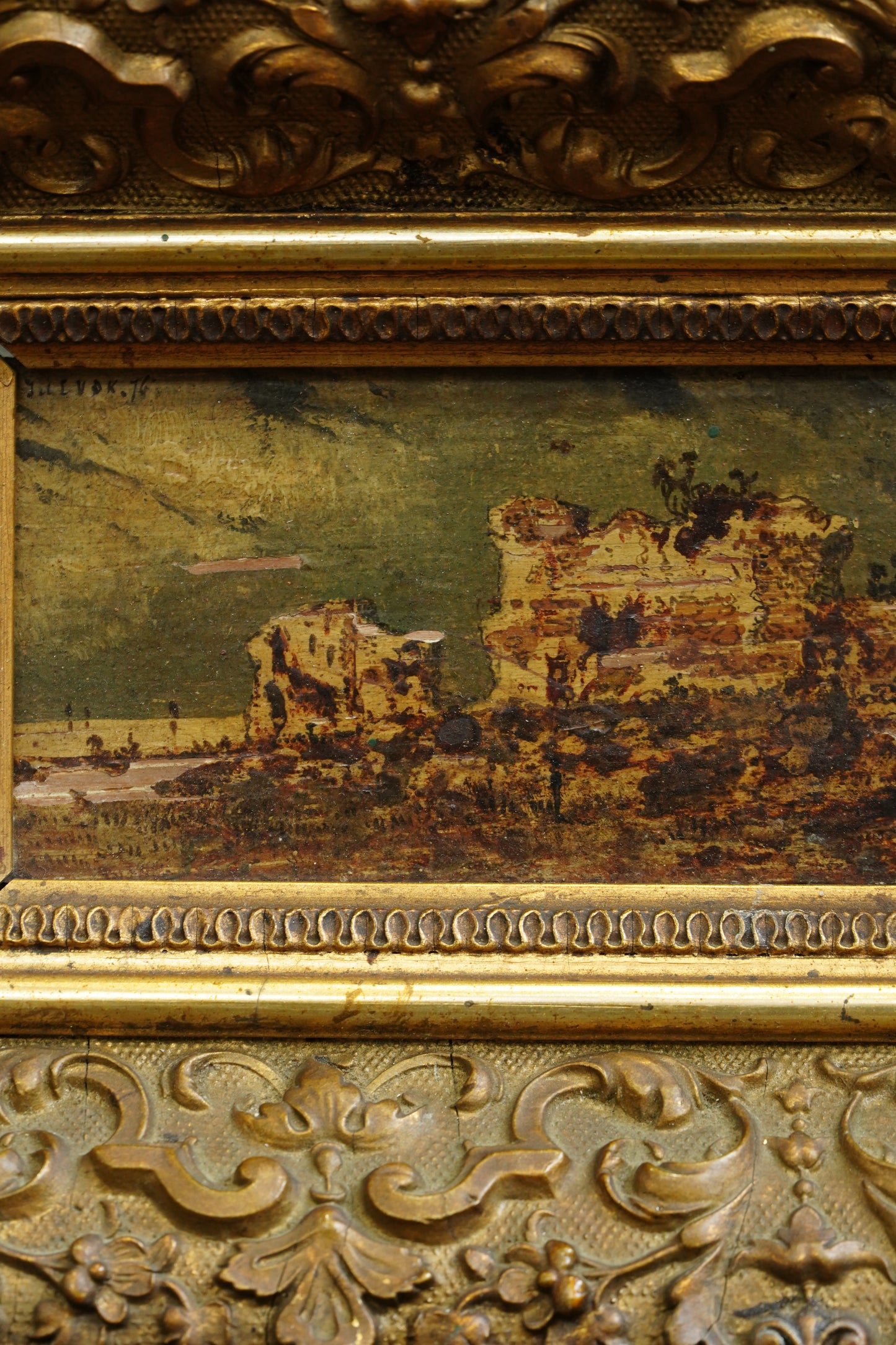 Antique Flemish Oil Panel, Coastal Ruin Landscape with Figures, Signed and Dated 1876