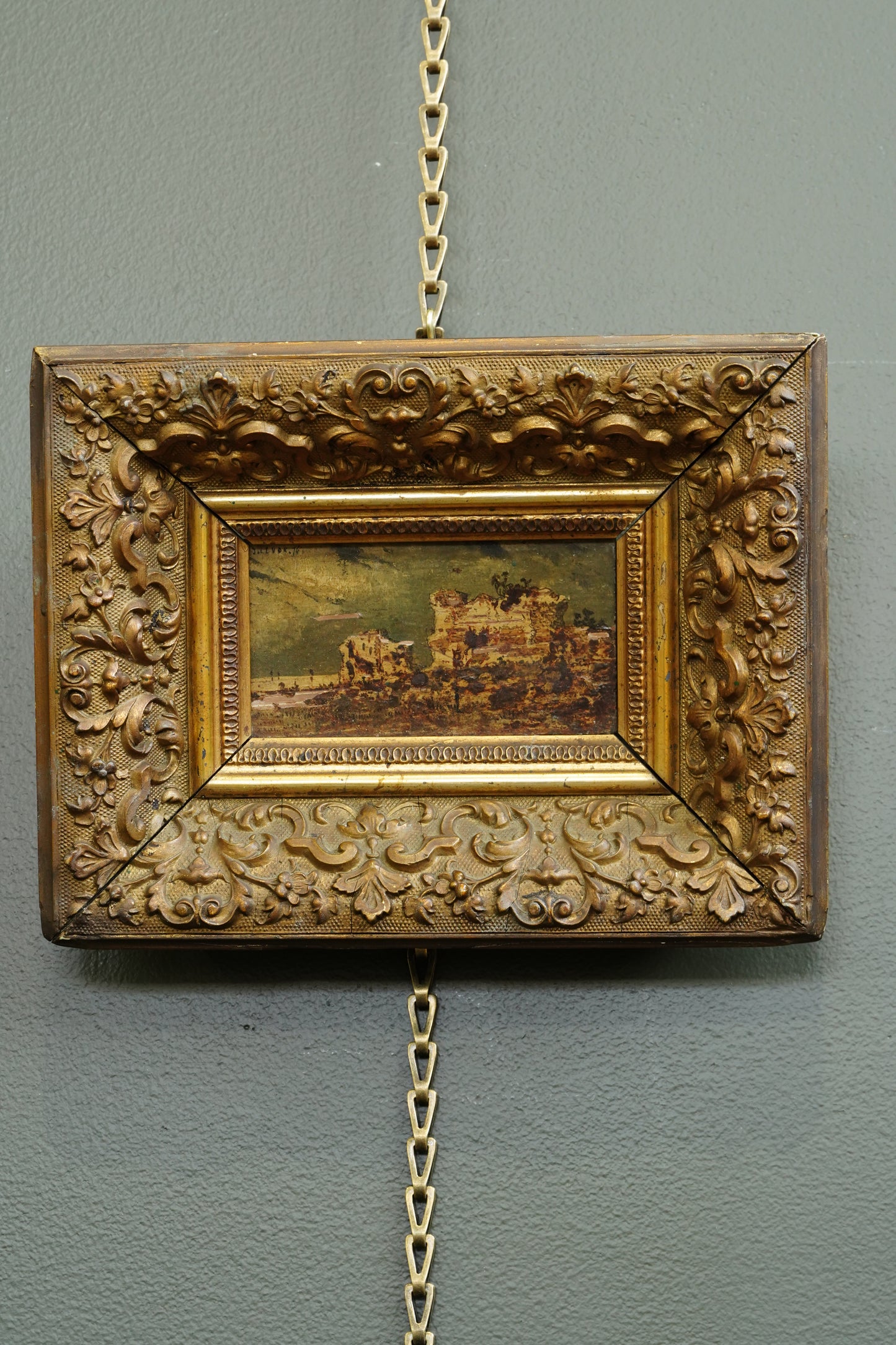 Antique Flemish Oil Panel, Coastal Ruin Landscape with Figures, Signed and Dated 1876
