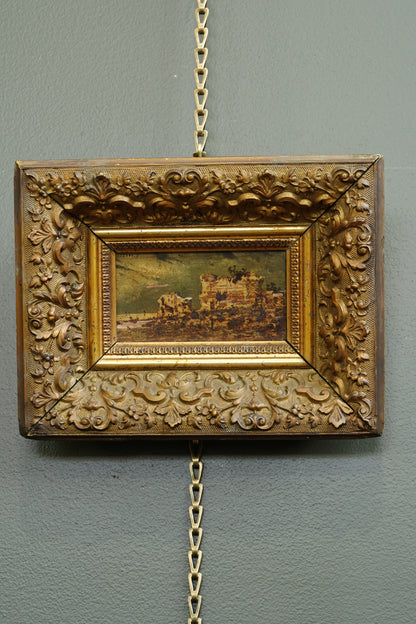 Antique Flemish Oil Panel, Coastal Ruin Landscape with Figures, Signed and Dated 1876
