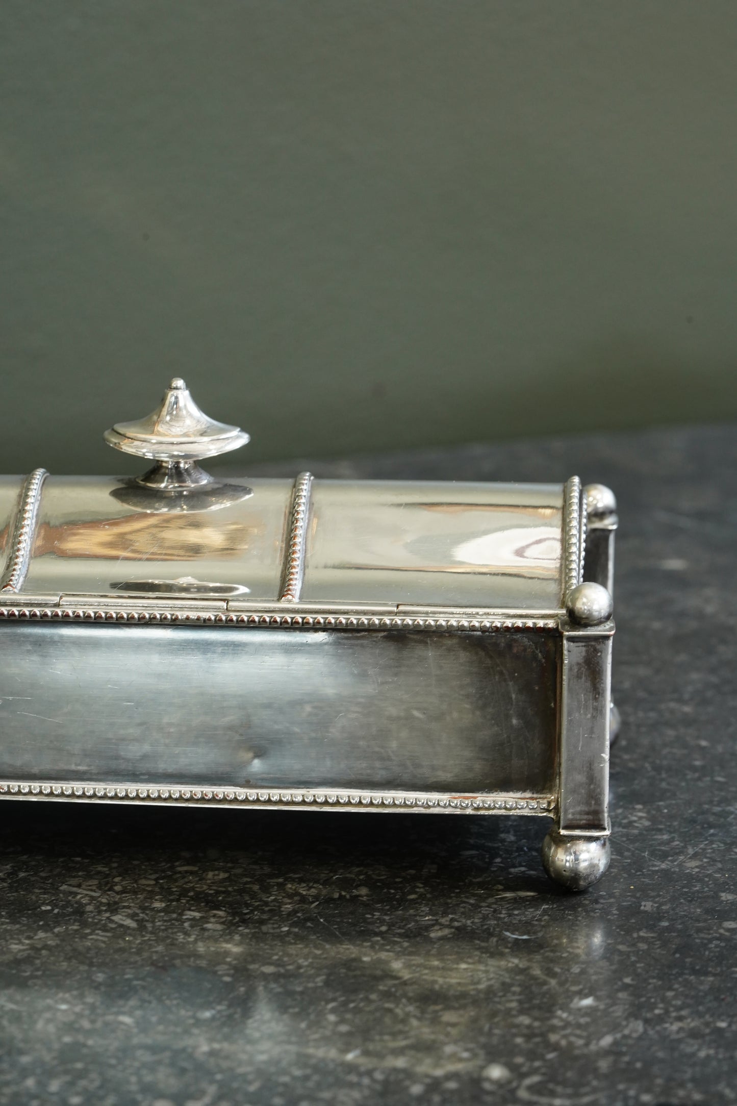 Antique Victorian Silverplate Casket Inkstand with Two Glass Wells