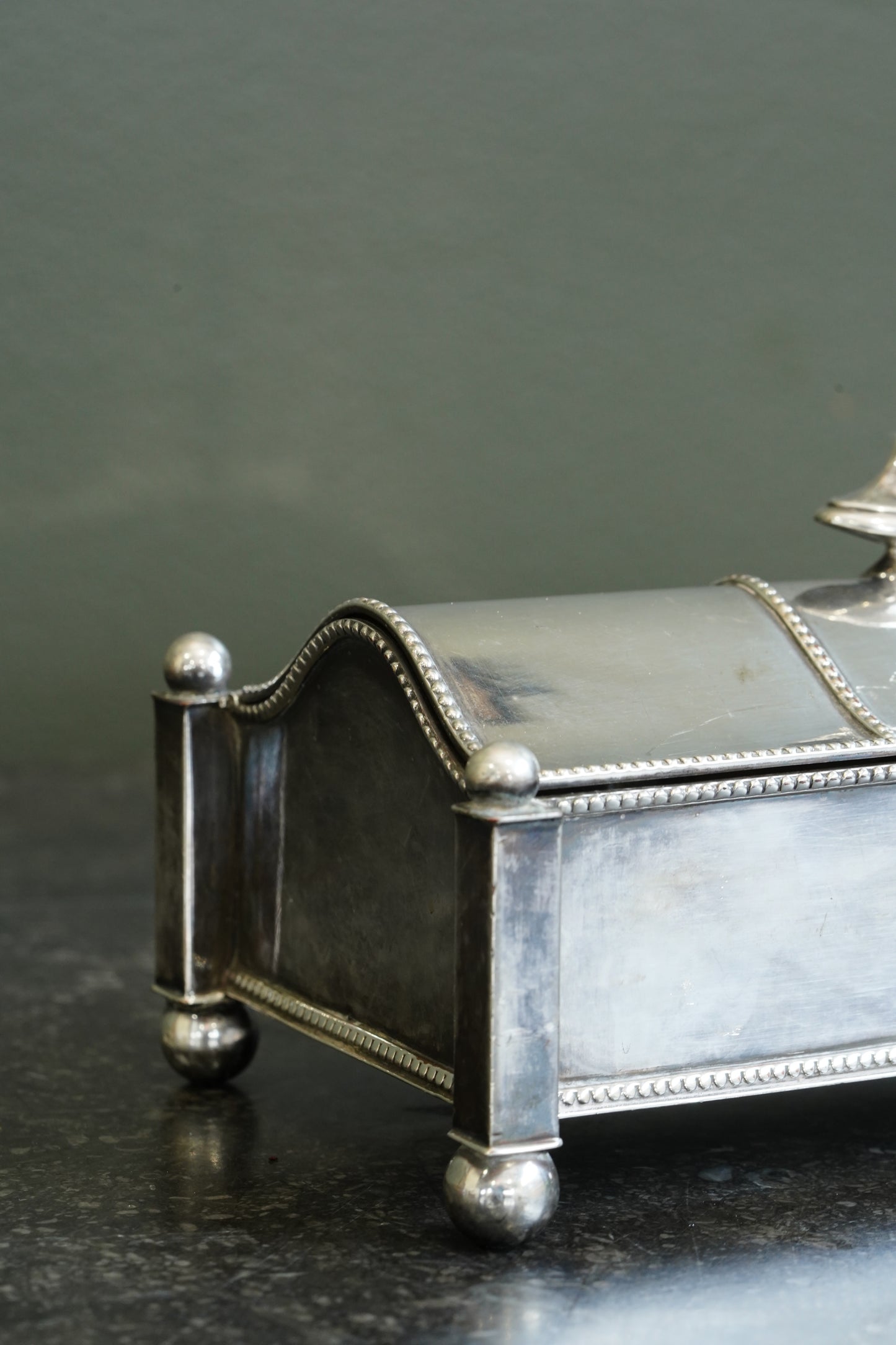 Antique Victorian Silverplate Casket Inkstand with Two Glass Wells