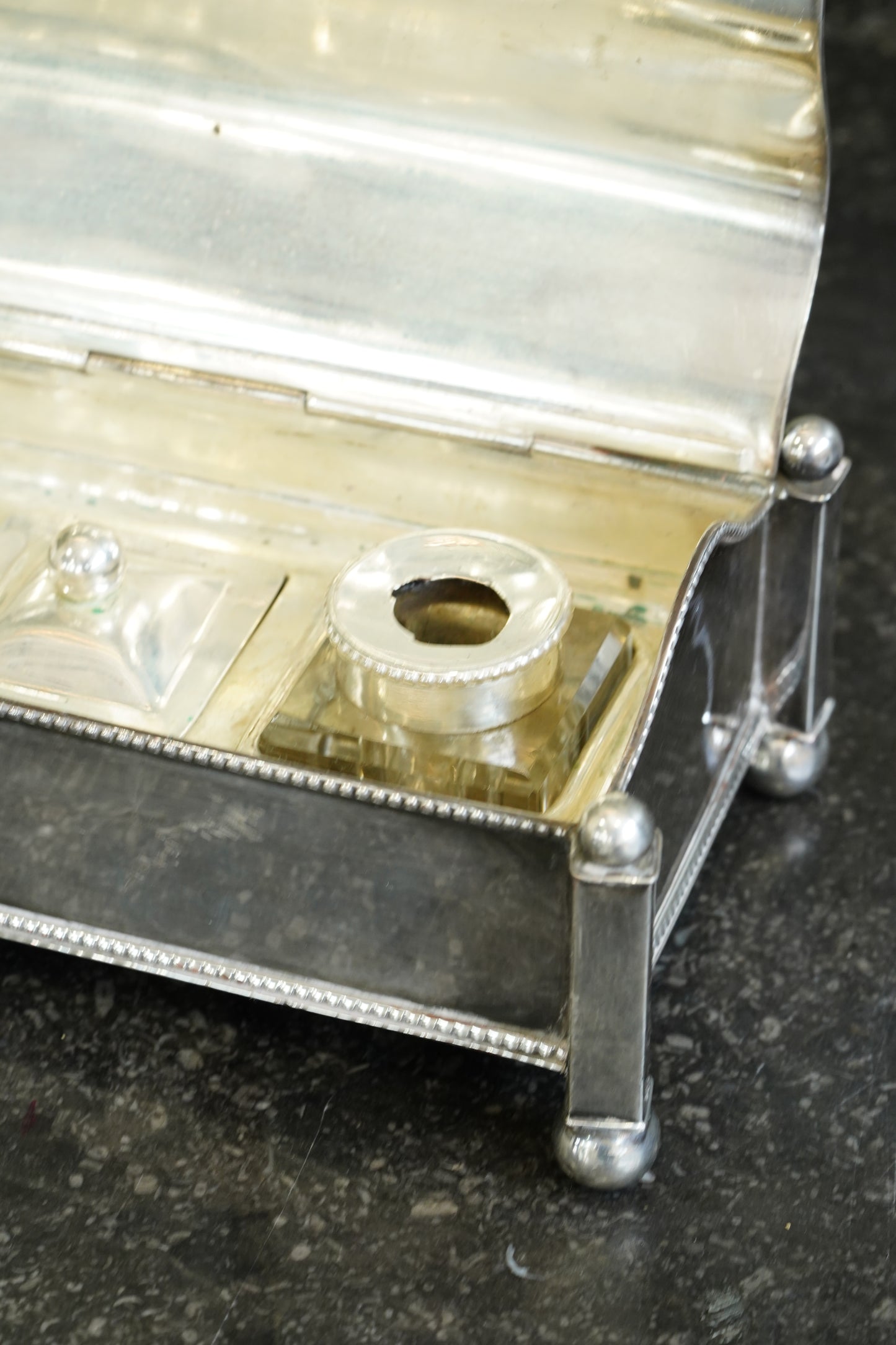 Antique Victorian Silverplate Casket Inkstand with Two Glass Wells