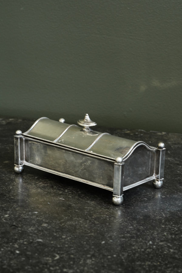 Antique Victorian Silverplate Casket Inkstand with Two Glass Wells