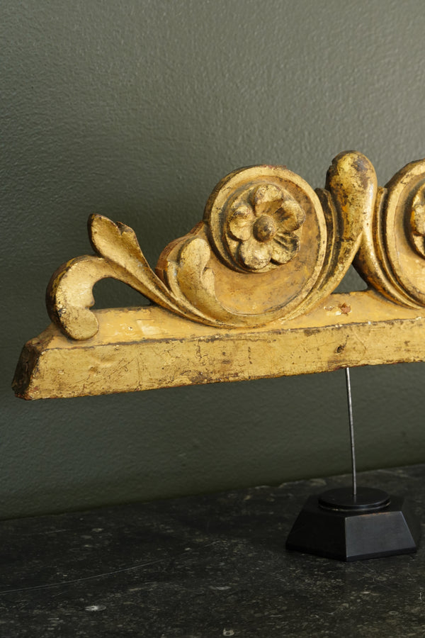 Antique French Gilt Carved Wood Cresting Fragment, Rosette and Volute