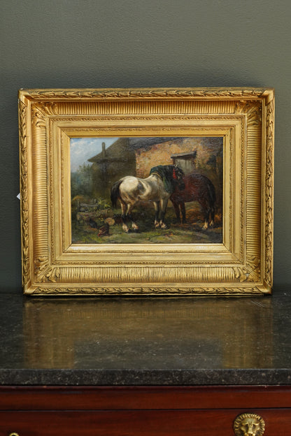 Antique Signed Oil on Board of Two Horses in a Stable Yard