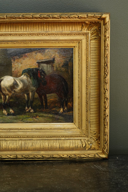 Antique Signed Oil on Board of Two Horses in a Stable Yard