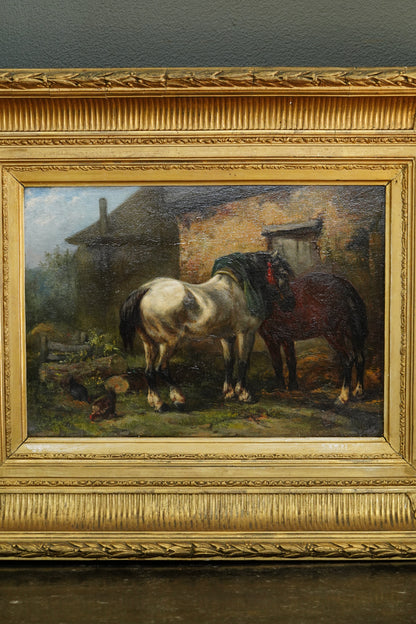 Antique Signed Oil on Board of Two Horses in a Stable Yard