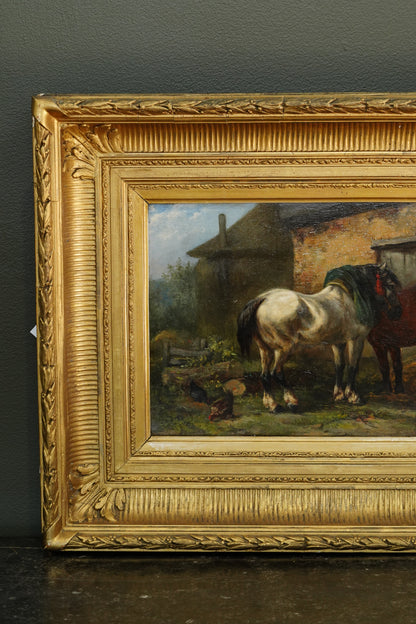Antique Signed Oil on Board of Two Horses in a Stable Yard