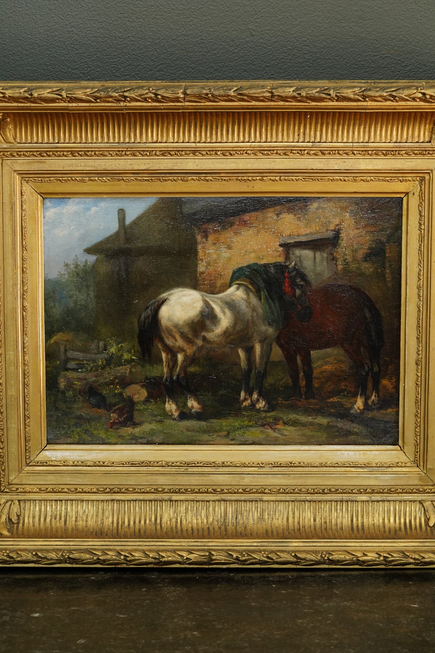 Antique Signed Oil on Board of Two Horses in a Stable Yard