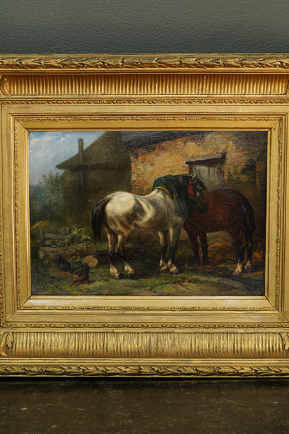 Antique Signed Oil on Board of Two Horses in a Stable Yard