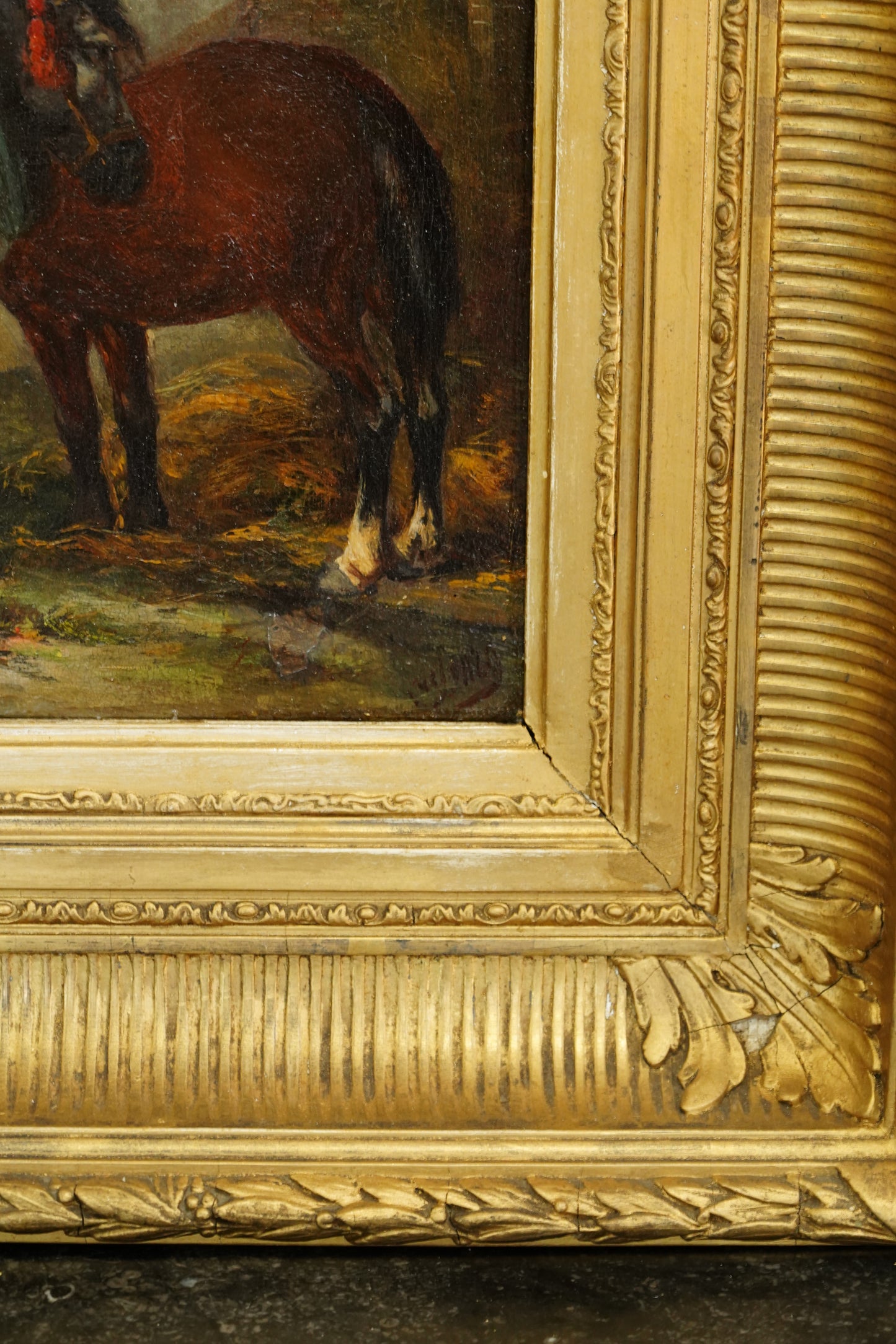Antique Signed Oil on Board of Two Horses in a Stable Yard