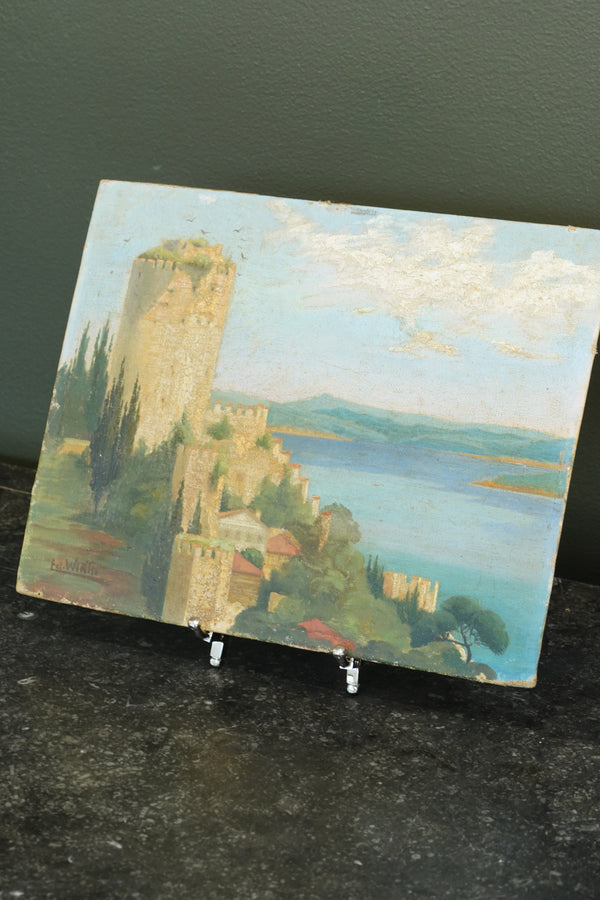 Vintage Castle Oil Painting, Rumelihisarı on the Bosphorus, Signed and Dated 1933