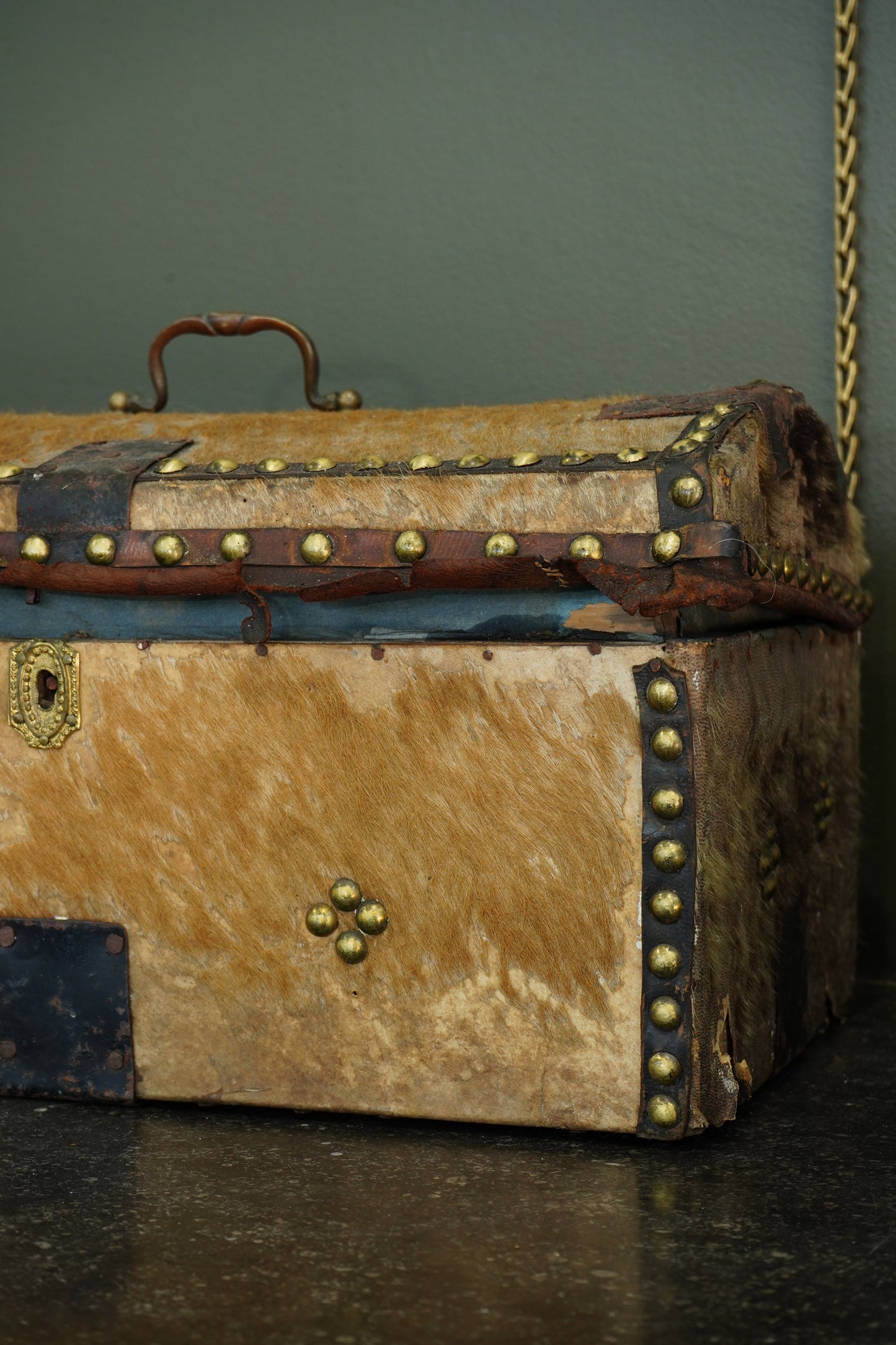 Antique English Haircalf Dome Top Trunk by I.K. Powell of Barnard Castle, Circa 1830