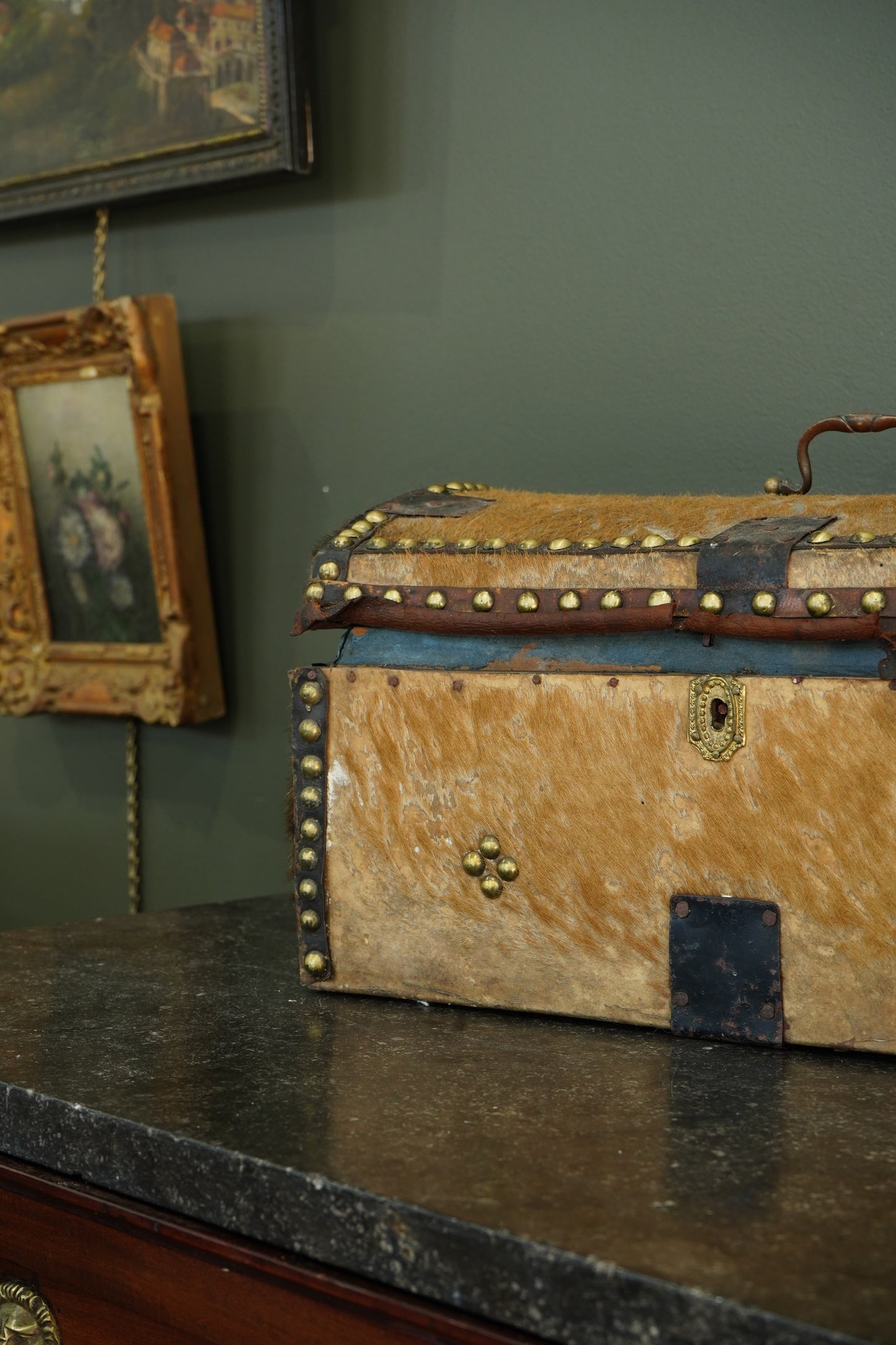 Antique English Haircalf Dome Top Trunk by I.K. Powell of Barnard Castle, Circa 1830