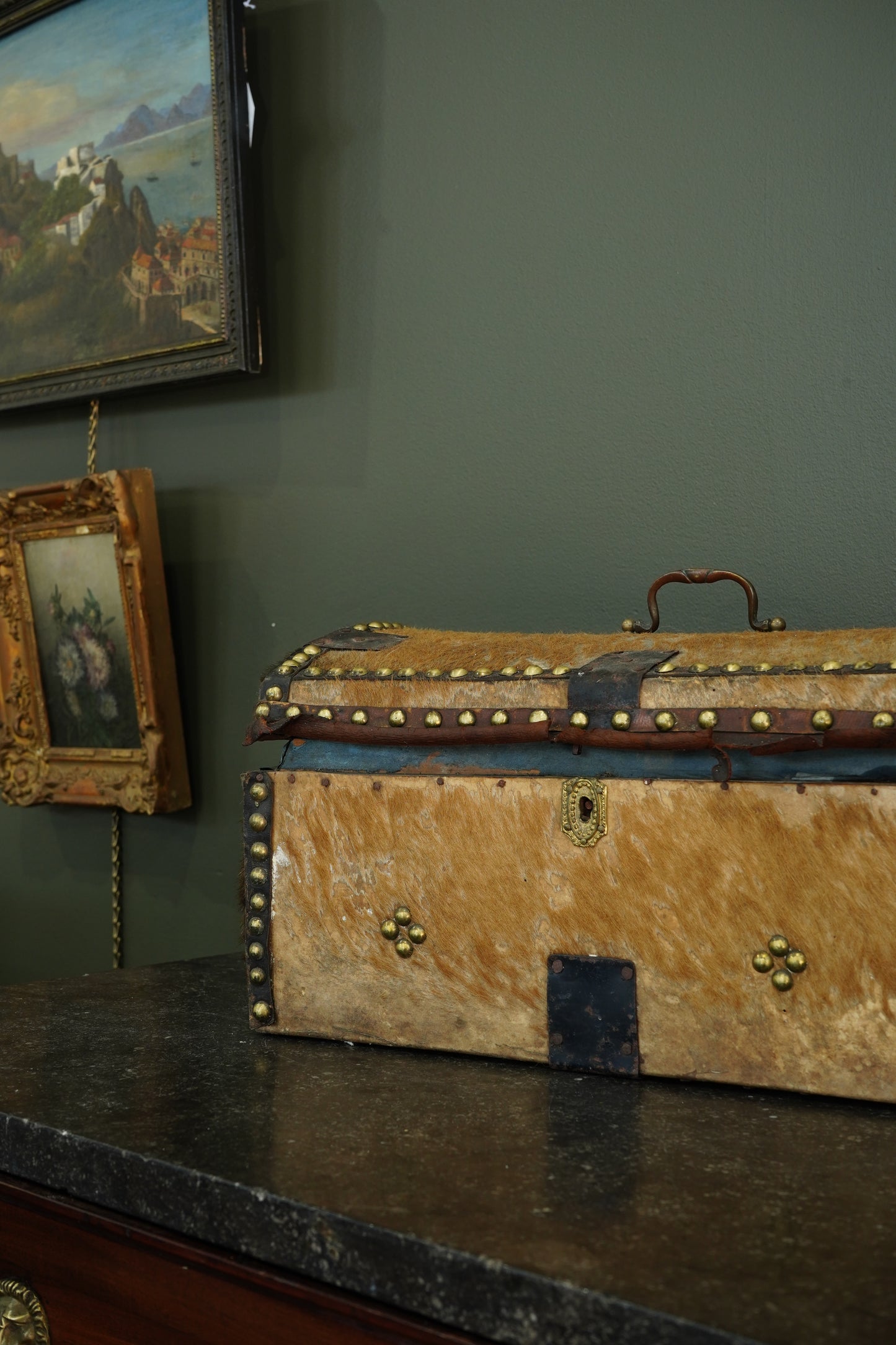 Antique English Haircalf Dome Top Trunk by I.K. Powell of Barnard Castle, Circa 1830