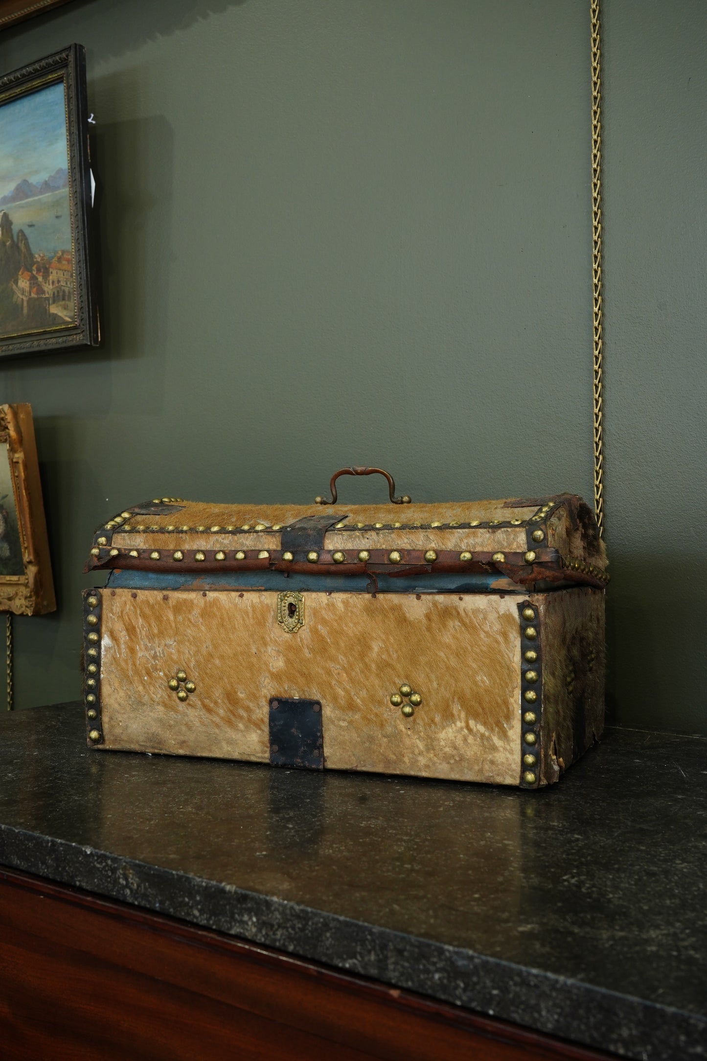 Antique English Haircalf Dome Top Trunk by I.K. Powell of Barnard Castle, Circa 1830