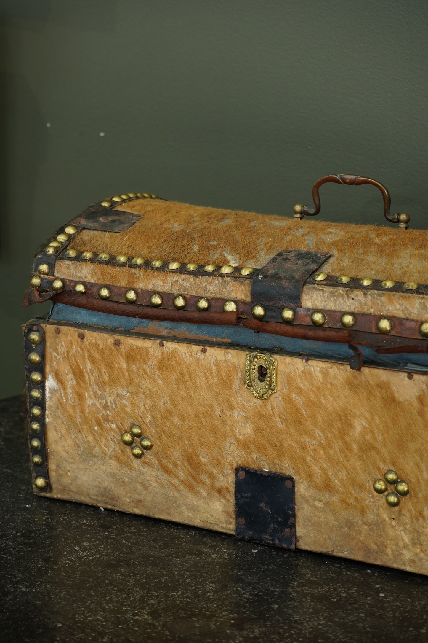 Antique English Haircalf Dome Top Trunk by I.K. Powell of Barnard Castle, Circa 1830