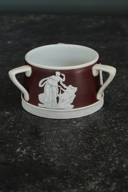 Antique English Jasperware Sucrier, Chocolate Dip, Neoclassical Relief