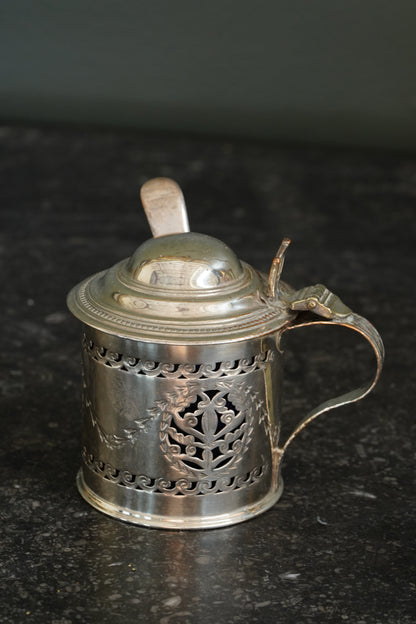 Antique English Silverplate Mustard Pot with Sterling Spoon, N. Smith & Co