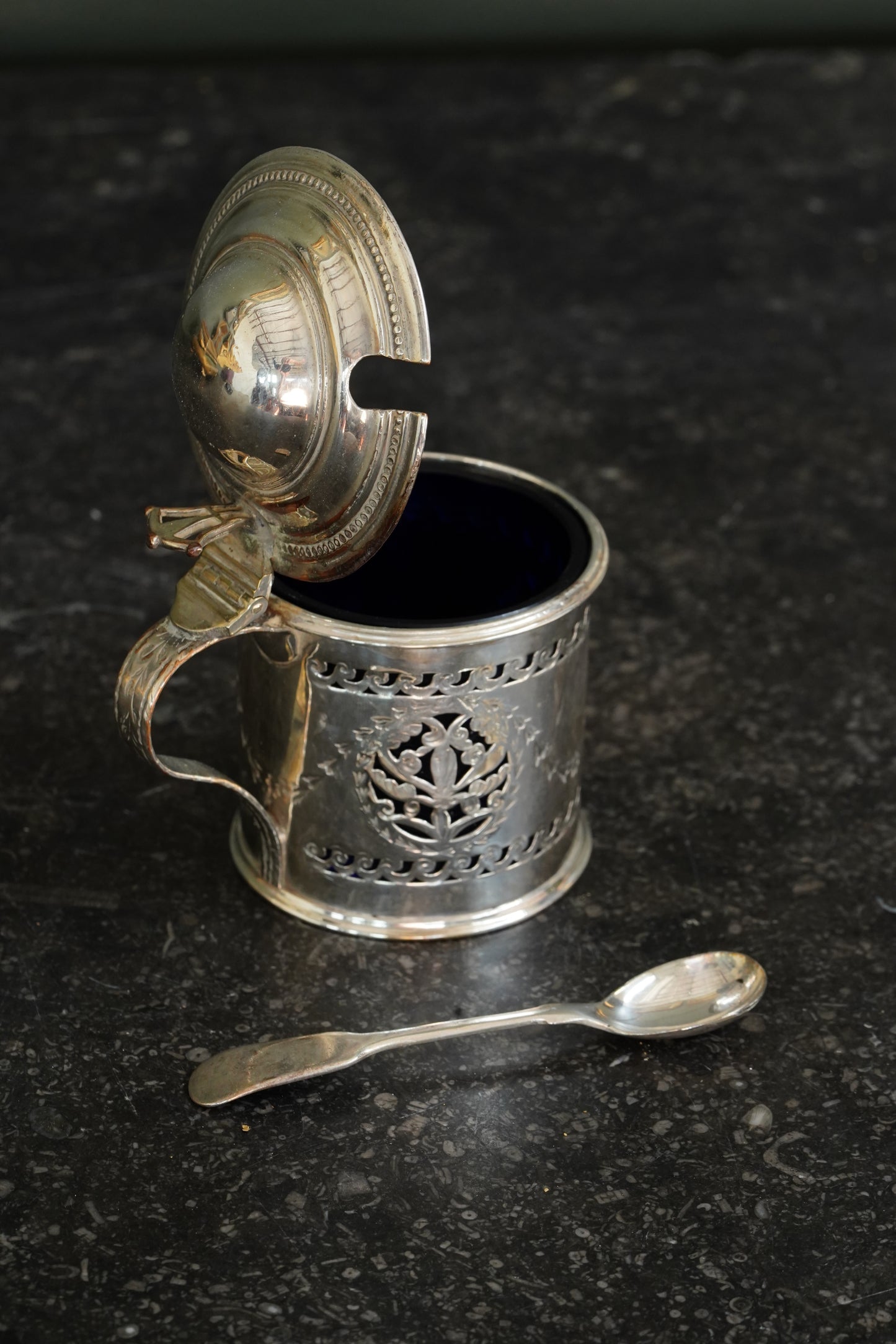 Antique English Silverplate Mustard Pot with Sterling Spoon, N. Smith & Co
