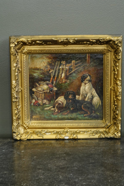 Antique Victorian Sporting Oil Painting, Gun Dogs with Game, Signed