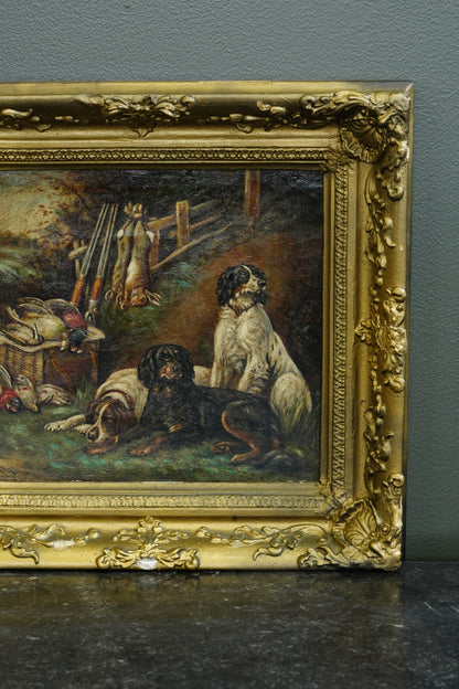 Antique Victorian Sporting Oil Painting, Gun Dogs with Game, Signed