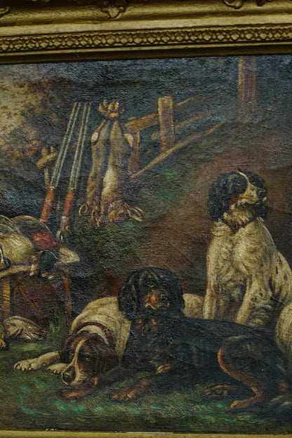 Antique Victorian Sporting Oil Painting, Gun Dogs with Game, Signed