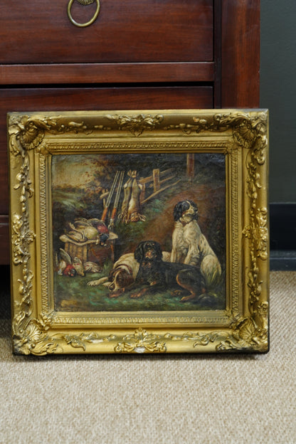 Antique Victorian Sporting Oil Painting, Gun Dogs with Game, Signed